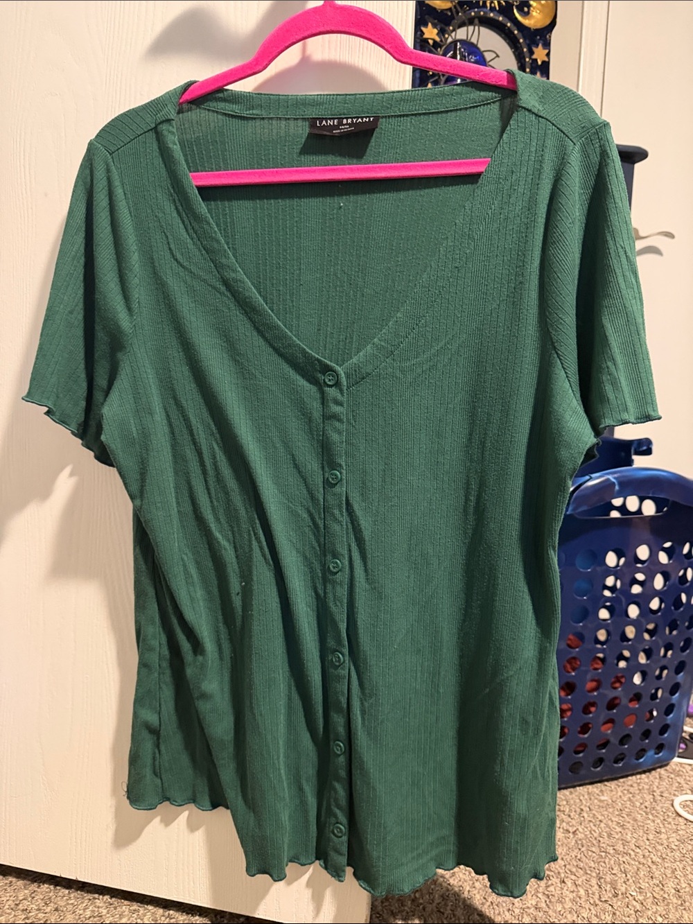 Lane Bryant Emerald Green Button-Front V-Neck Ribbed Top